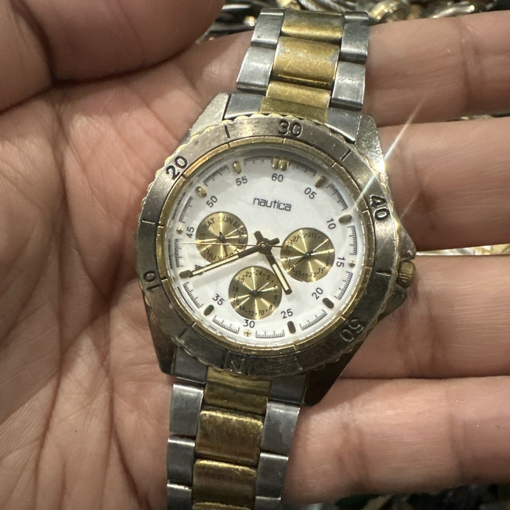 Works VTG Nautica Chronograph Mens Watch 41mm Two Tone 50M New Battery Fit 8in"